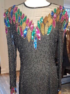Vintage Beaded Dress w/ Multi Sequin Neck Size M